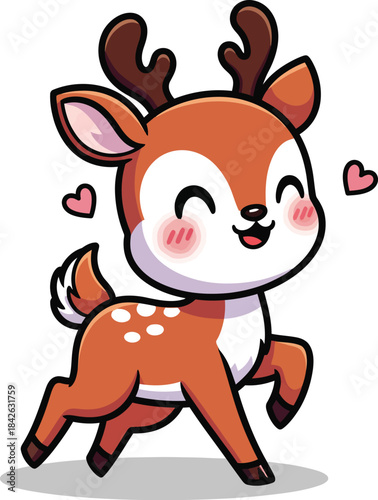 Adorable cartoon baby deer with blushing cheeks and a joyful smile prancing happily.