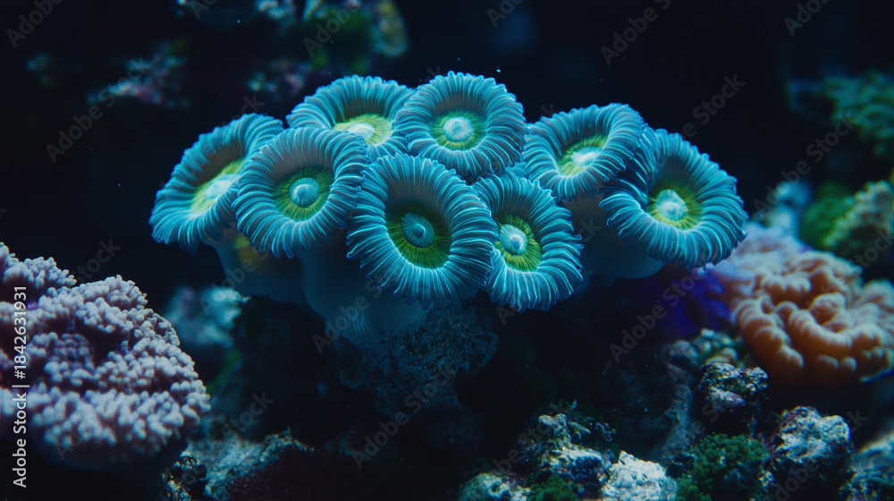 Obraz premium Close-up view of vibrant blue-green zoanthid coral polyps with yellow centers in a marine aquarium setting, showcasing their intricate details and texture