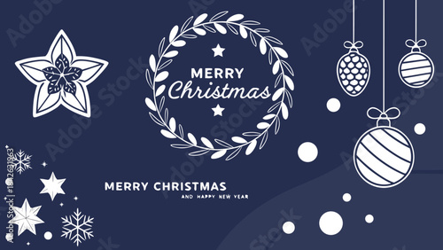 Set of three card Merry Christmas and Happy New Year. Christmas vector card designs using tree, silver glass balls, stars, sequins and elegant lettering a deep blue gradient background. 