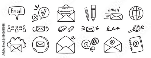 mail and email icon doodle hand drawn set. Outline drawing mail and email line clipart symbol collection