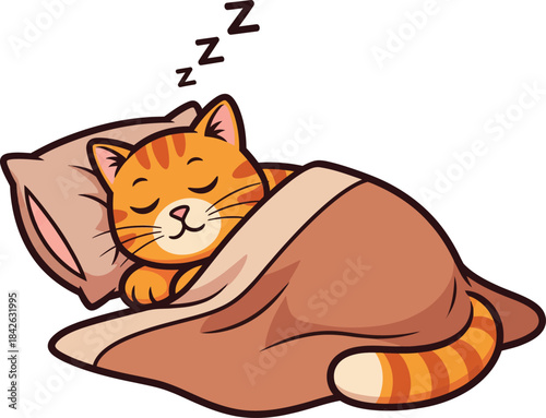 Adorable orange tabby cartoon cat sleeping peacefully in bed tucked under a cozy brown blanket.