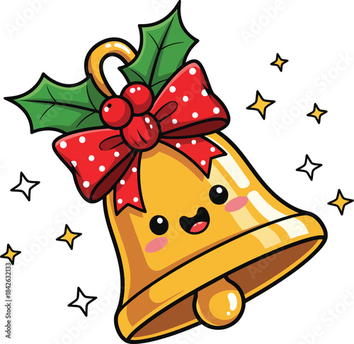 Adorable smiling golden Christmas bell with a red polkadotted bow and festive holly leaves.