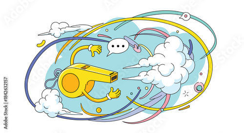 A friendly cartoon whistle character mascot with a speech bubble flies through the air with clouds and colorful abstract swirls.