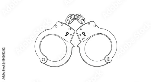 A clean and simple black and white line art illustration of a pair of closed police handcuffs on a plain white background.