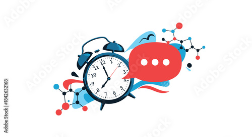 A conceptual illustration of an alarm clock with a speech bubble and molecular structures representing time-sensitive communication.