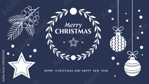 Set of three card Merry Christmas and Happy New Year. Christmas vector card designs using tree, silver glass balls, stars, sequins and elegant lettering a deep blue gradient background. 