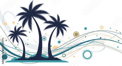 A tranquil summer beach scene with silhouette palm trees on an island set against a background of abstract blue and gold wavy lines.