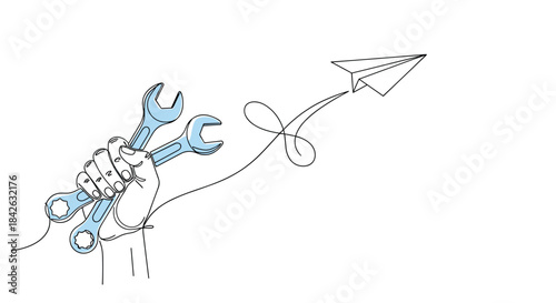 A single line drawing of a hand holding wrenches that transforms into a flying paper plane representing creative engineering solutions.
