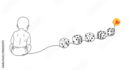 Conceptual line drawing of a baby connected to a path of dice representing fate chance and the journey of life from birth.