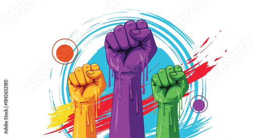 Three colorful raised fists in yellow purple and green are shown with a dripping paint effect to symbolize creative power and unity.