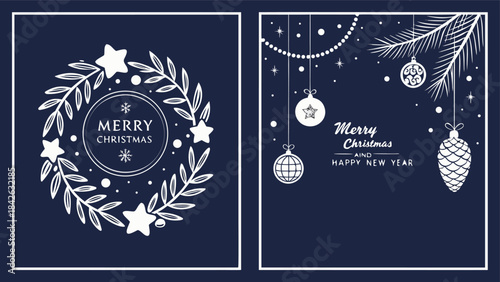 Set of three card Merry Christmas and Happy New Year. Christmas vector card designs using tree, silver glass balls, stars, sequins and elegant lettering a deep blue gradient background. 