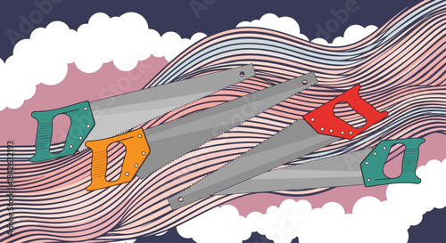 Abstract illustration of several colorful hand saws floating through a stylized background of pink and white wavy lines and clouds.
