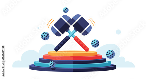 Two crossed mallets rest on a colorful winner's podium symbolizing competition games or a challenge on a light background.