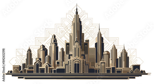 An elegant and luxurious cityscape illustration in a classic Art Deco style featuring geometric patterns in gold and black colors.