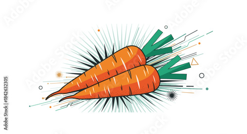 A stylized illustration of two fresh carrots with green tops is set against a dynamic abstract background with radiating lines.