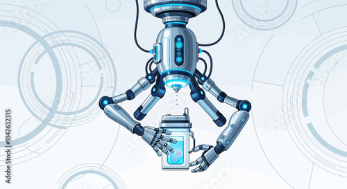 Robotic arm in laboratory precisely dispensing liquid into container for scientific research