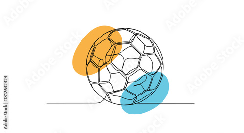 Continuous single line drawing of a soccer ball with abstract orange and blue color spots for a modern minimalist sports design.