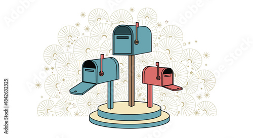 A stylized illustration of three colorful mailboxes on a pedestal against a background of decorative circular line art patterns.