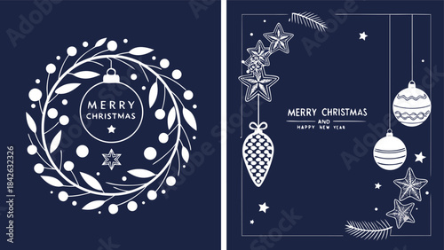 Set of three card Merry Christmas and Happy New Year. Christmas vector card designs using tree, silver glass balls, stars, sequins and elegant lettering a deep blue gradient background. 