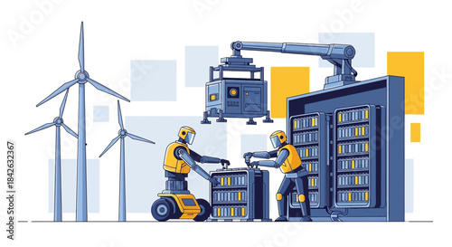 Robotic automation in green energy storage systems featuring wind turbine farm integration