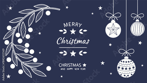 Set of three card Merry Christmas and Happy New Year. Christmas vector card designs using tree, silver glass balls, stars, sequins and elegant lettering a deep blue gradient background. 