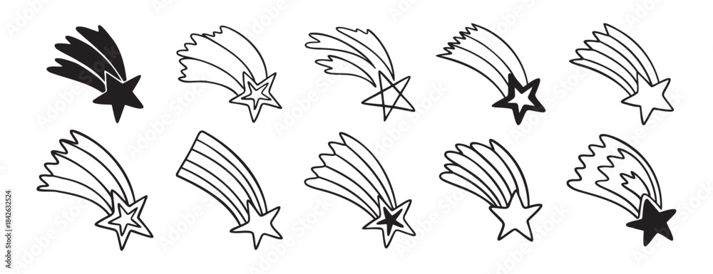 Obraz premium falling stars doodle hand drawn icon set. Outline drawing making a wish falling star line clipart symbol collection