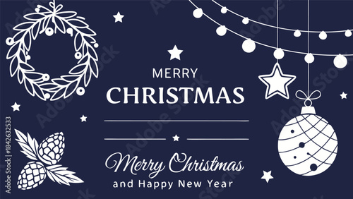 Set of three card Merry Christmas and Happy New Year. Christmas vector card designs using tree, silver glass balls, stars, sequins and elegant lettering a deep blue gradient background. 