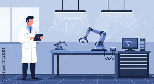Robotics lab with scientist analyzing robotic arms for automation and precision engineering