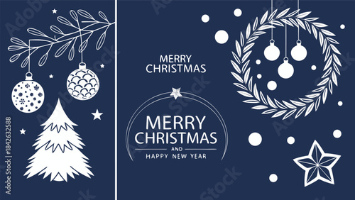 Set of three card Merry Christmas and Happy New Year. Christmas vector card designs using tree, silver glass balls, stars, sequins and elegant lettering a deep blue gradient background. 