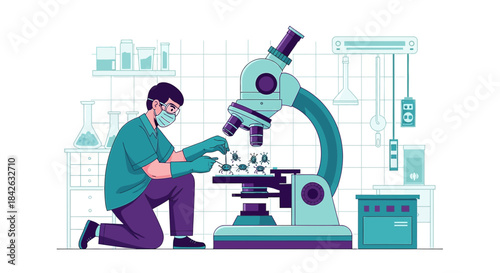 Scientist analyzing specimens through a microscope in a stylized laboratory setting involving