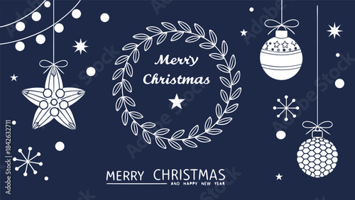 Set of three card Merry Christmas and Happy New Year. Christmas vector card designs using tree, silver glass balls, stars, sequins and elegant lettering a deep blue gradient background. 