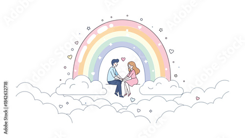  Love's Pastel Paradise: A tender moment unfolds as a couple sits amidst fluffy clouds beneath a radiant rainbow, an illustration of love and happiness.