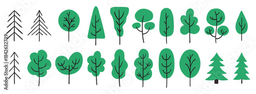 different trees hand drawn doodle painted colorful green trees. Summer forest trees cartoon drawing kids cute elements.