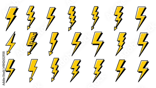 Collection of Yellow Lightning Bolt Icons in Various Styles and Orientations