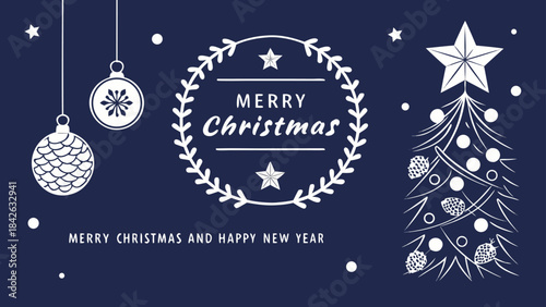 Set of three card Merry Christmas and Happy New Year. Christmas vector card designs using tree, silver glass balls, stars, sequins and elegant lettering a deep blue gradient background. 