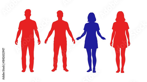 Diverse Group of People Silhouettes Standing Together, Red and Blue Figures
