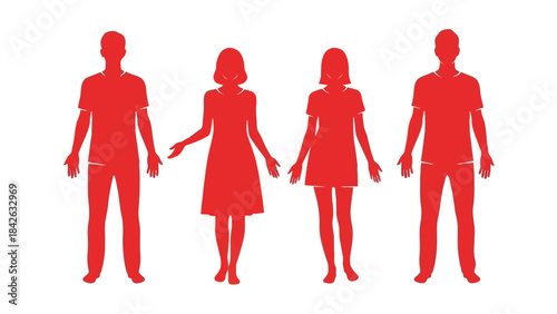 Diverse Group of Red Silhouettes Representing Men and Women in Simple Outfits