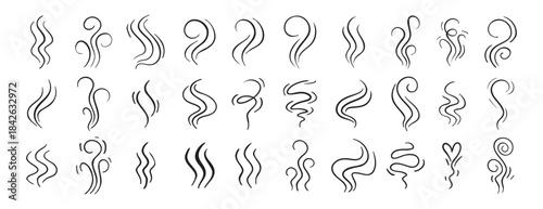 Fire steam or Line smoke doodle hand drawn set. smell waves from food or coffee and beverages sketch style.