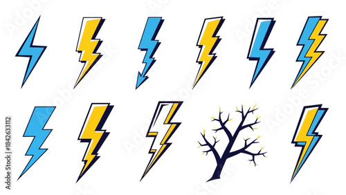 Set of dynamic lightning bolt vector illustrations and stylized tree silhouette