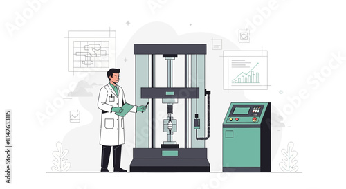Scientist in lab coat overseeing material testing experiment with specialized machine and