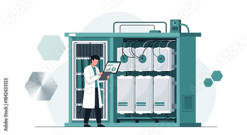 Scientist inspecting data center equipment for performance and efficiency analysis