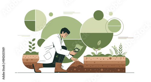 Scientist monitoring soil health with digital device in a lab environment with abstract elements