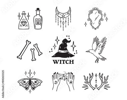 Witch Halloween set antlers and mirror, raven and bones, witch hat and moon, thread hands and poison jars, moth, , hand drawn monochrome line art, outline contour