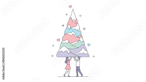 Holding the Mountain: A tender illustration depicts a couple holding up a mountain, symbolizing a loving journey through life's challenges, showcasing unity and support.