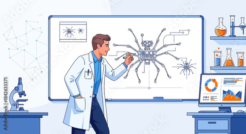Scientist sketches robotic spider design on whiteboard in modern laboratory setting