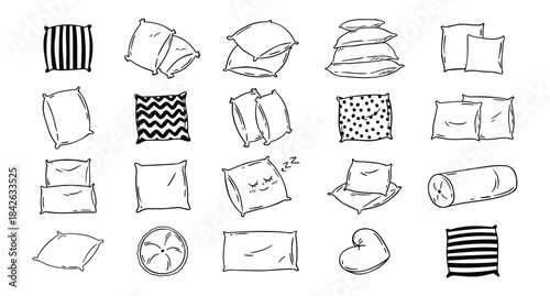 Doodle drawing pillow set. Soft pillow for sleep, outline hand drawn pillows. Rest bedroom decoration. Hand drawn cozy pillows for bed and sofa