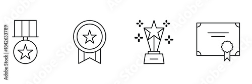 Award certificate icon set, star medal, round ribbon badge, sparkling trophy, diploma document seal outline achievement vector illustration.