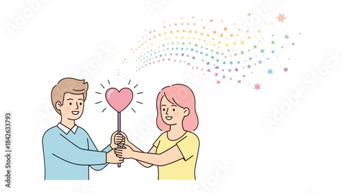 Love's Guiding Star: A tender moment unfolds as two individuals unite, their hands clasped around a radiant wand of love, from which a vibrant stream of stardust arcs into the ether.