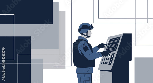 Specialized operator interacting with a sophisticated control panel interface for security or