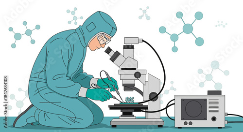 Technician in cleanroom suit conducts microscopic analysis for nanotechnology advancement